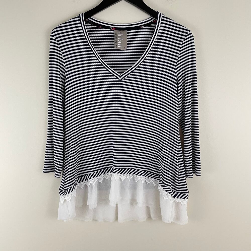 Anthropologie Dolan Left Coast Womens S Top Navy White Stripe Mixed Media Lace